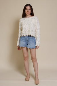 Storia cropped pointelle sweater with scalloped edges, in cream.