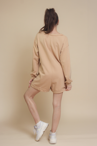 Henley style french terry romper, in tan.