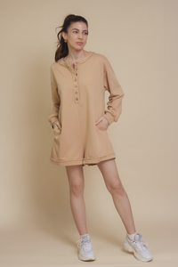 Henley style french terry romper, in tan.