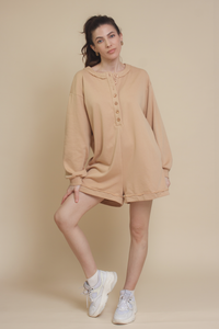 Henley style french terry romper, in tan.