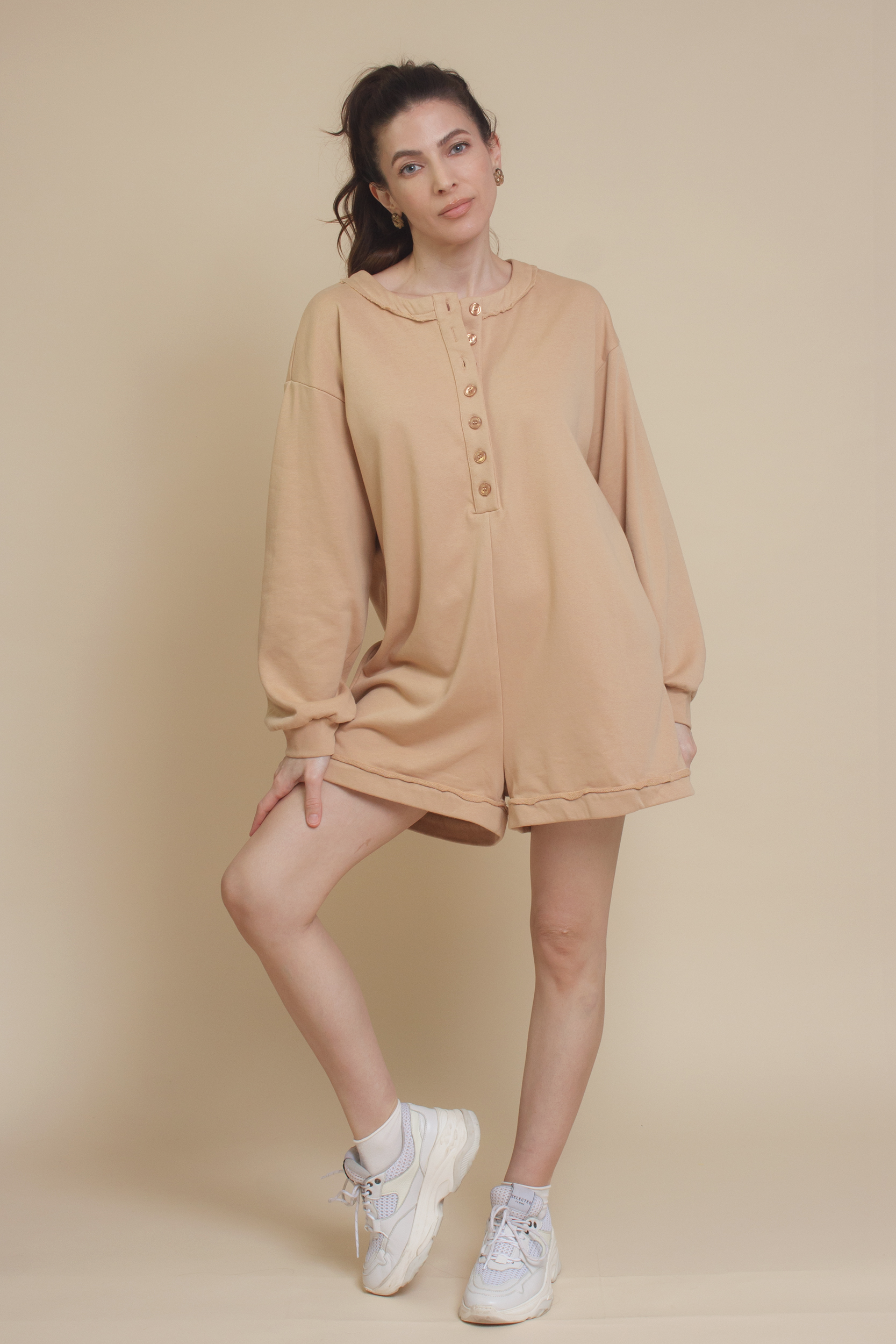 Henley style french terry romper, in tan.