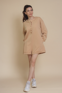 Henley style french terry romper, in tan.