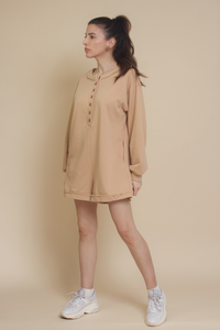 Henley style french terry romper, in tan.