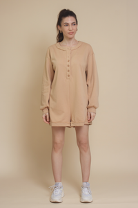 Henley style french terry romper, in tan.