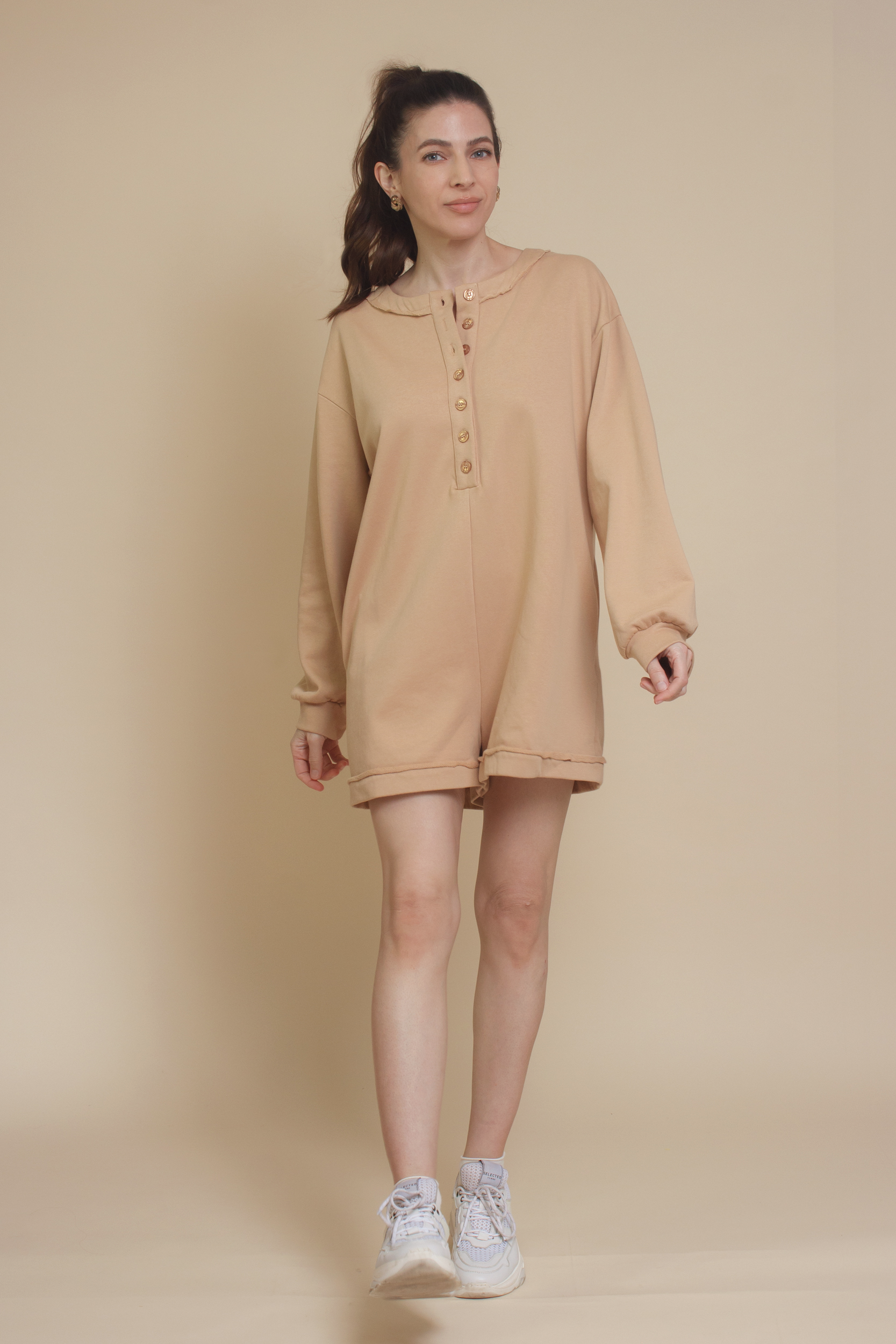 Henley style french terry romper, in tan.