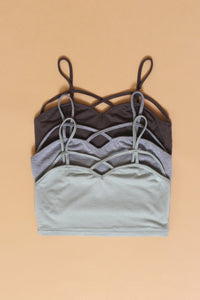Strappy bralette with sweetheart bustline. Assorted colors