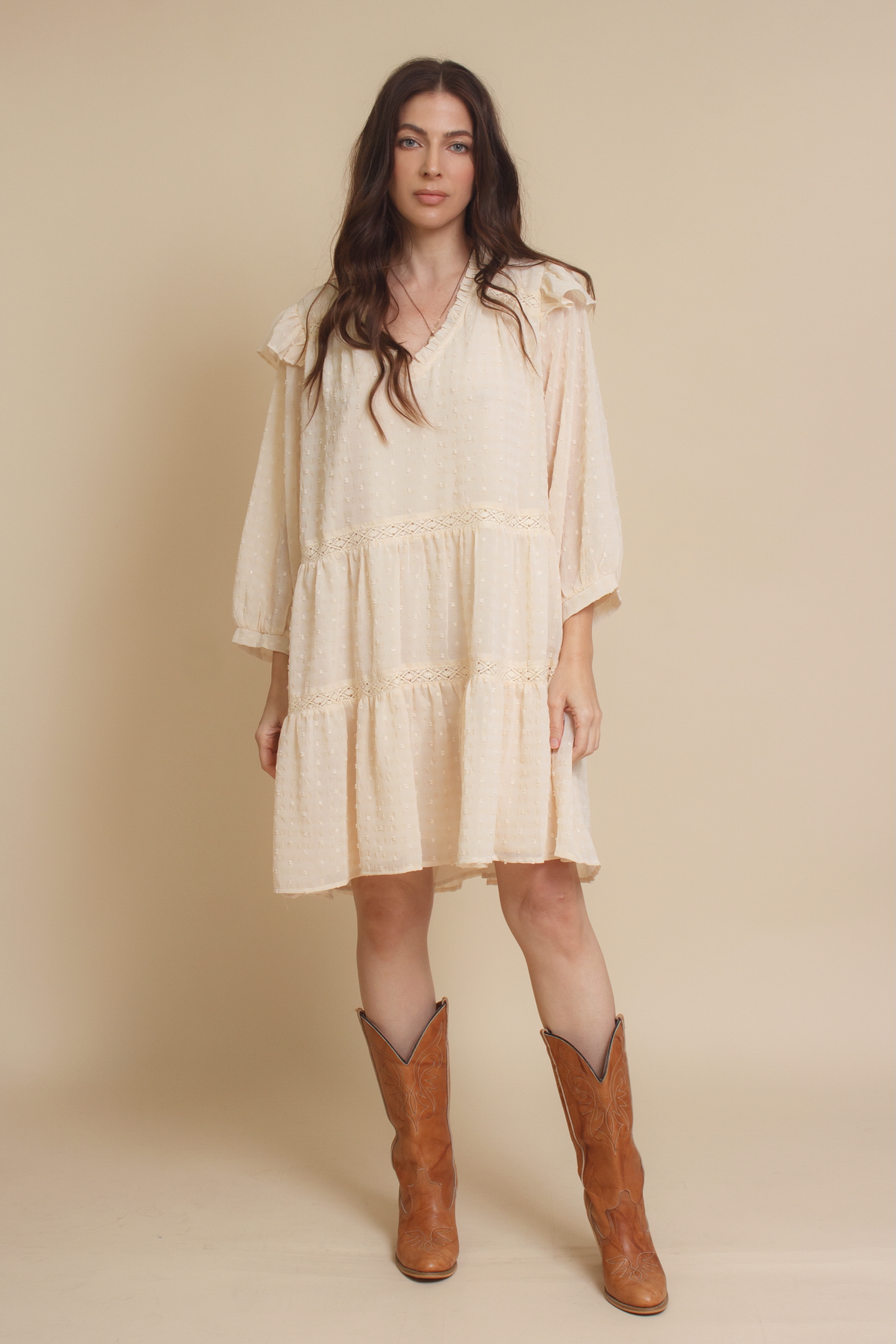 Jacquie the Label swiss dot babydoll mini dress, in natural. 