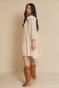 Jacquie the Label swiss dot babydoll mini dress, in natural. 