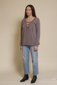 The Classic lace up neckline knit top, in taupe.