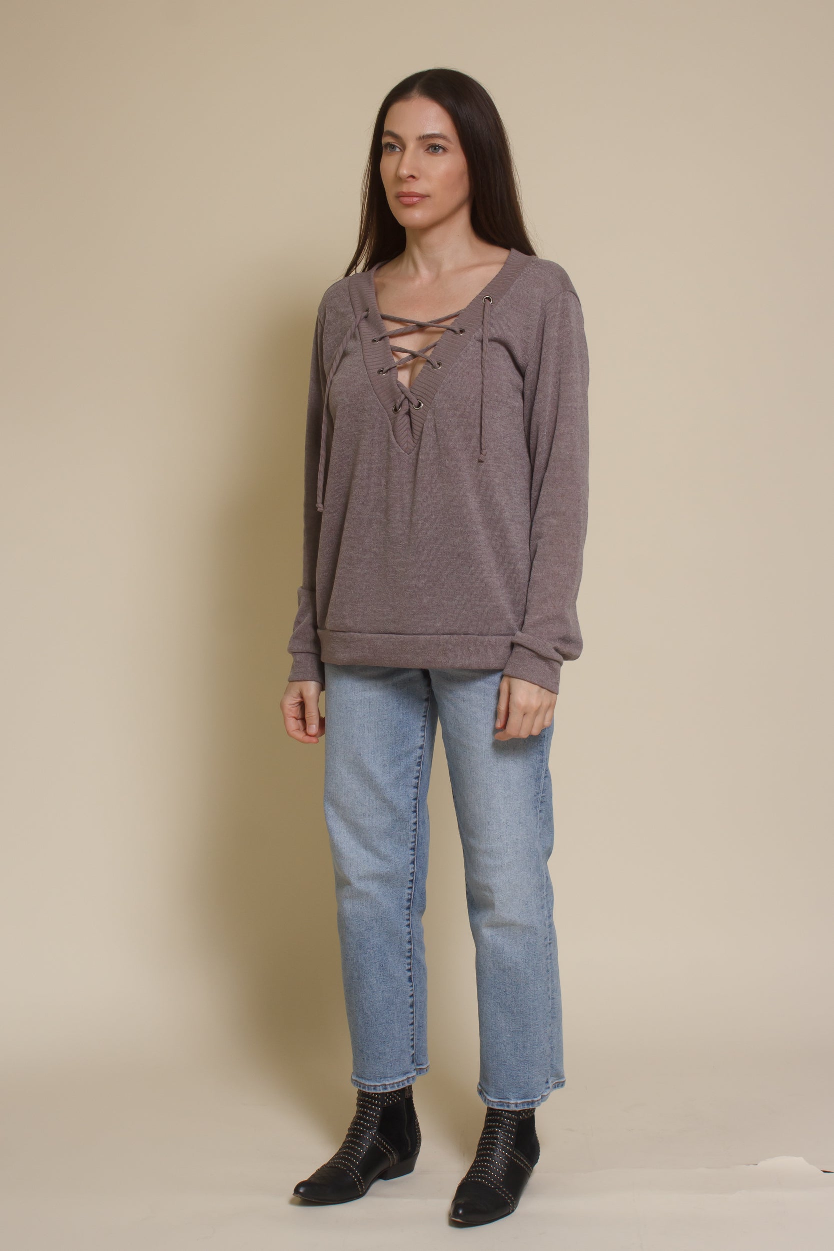 The Classic lace up neckline knit top, in taupe.