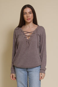 The Classic lace up neckline knit top, in taupe.