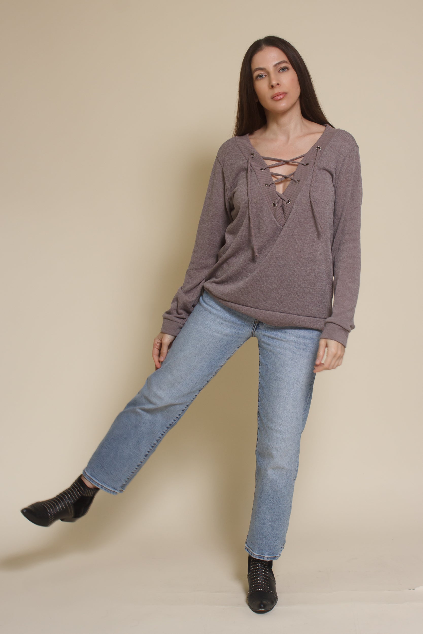 The Classic lace up neckline knit top, in taupe.