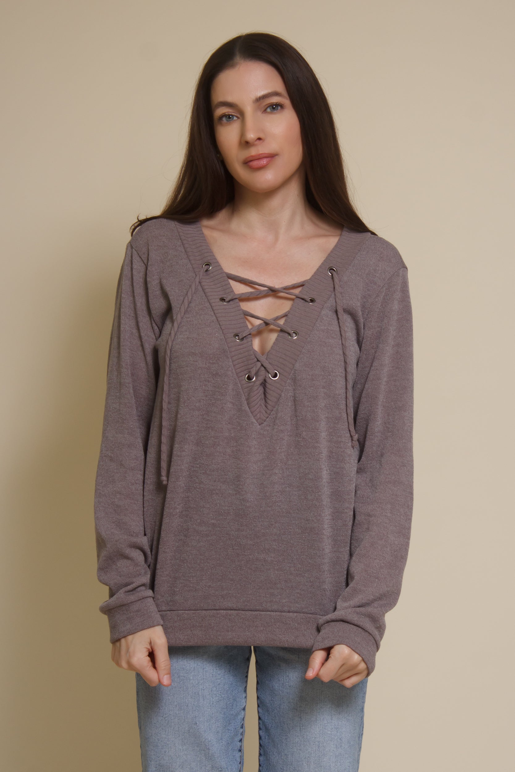 The Classic lace up neckline knit top, in taupe.