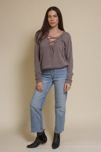 The Classic lace up neckline knit top, in taupe.