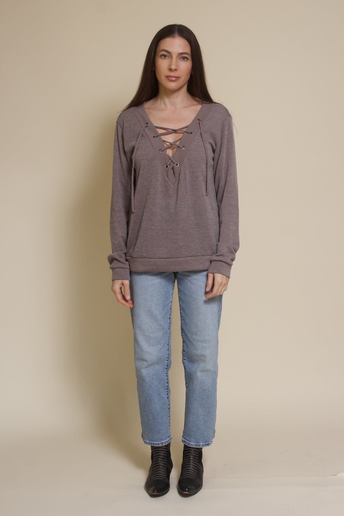 The Classic lace up neckline knit top, in taupe.