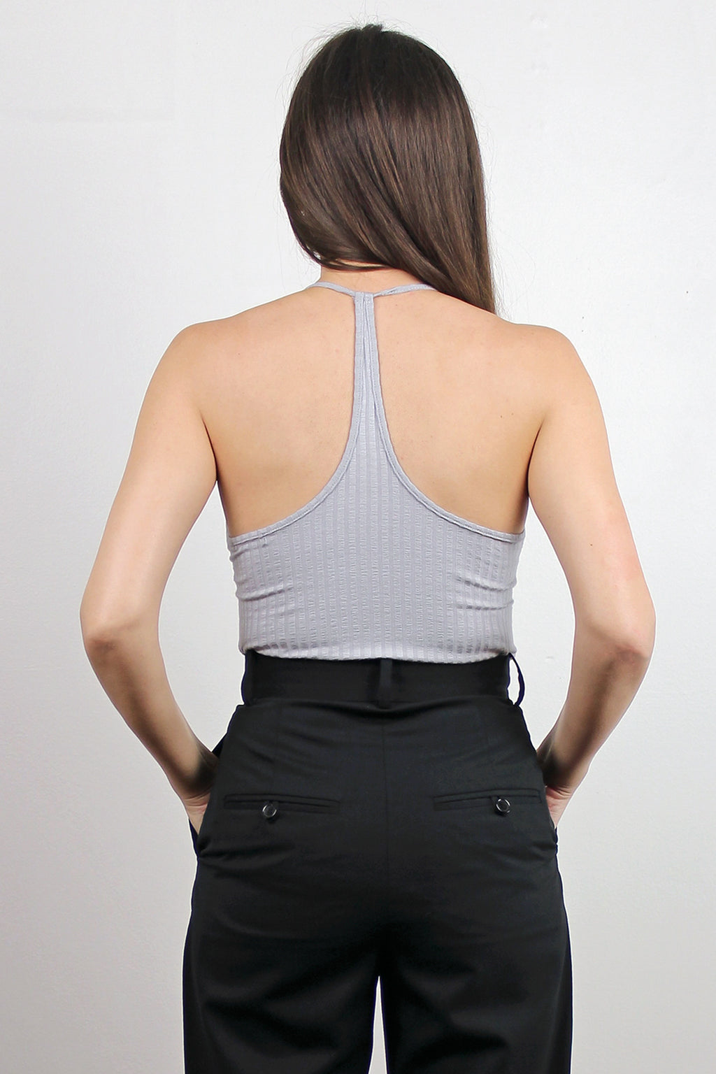 The classic; ribbed, racerback tank top, in silver.