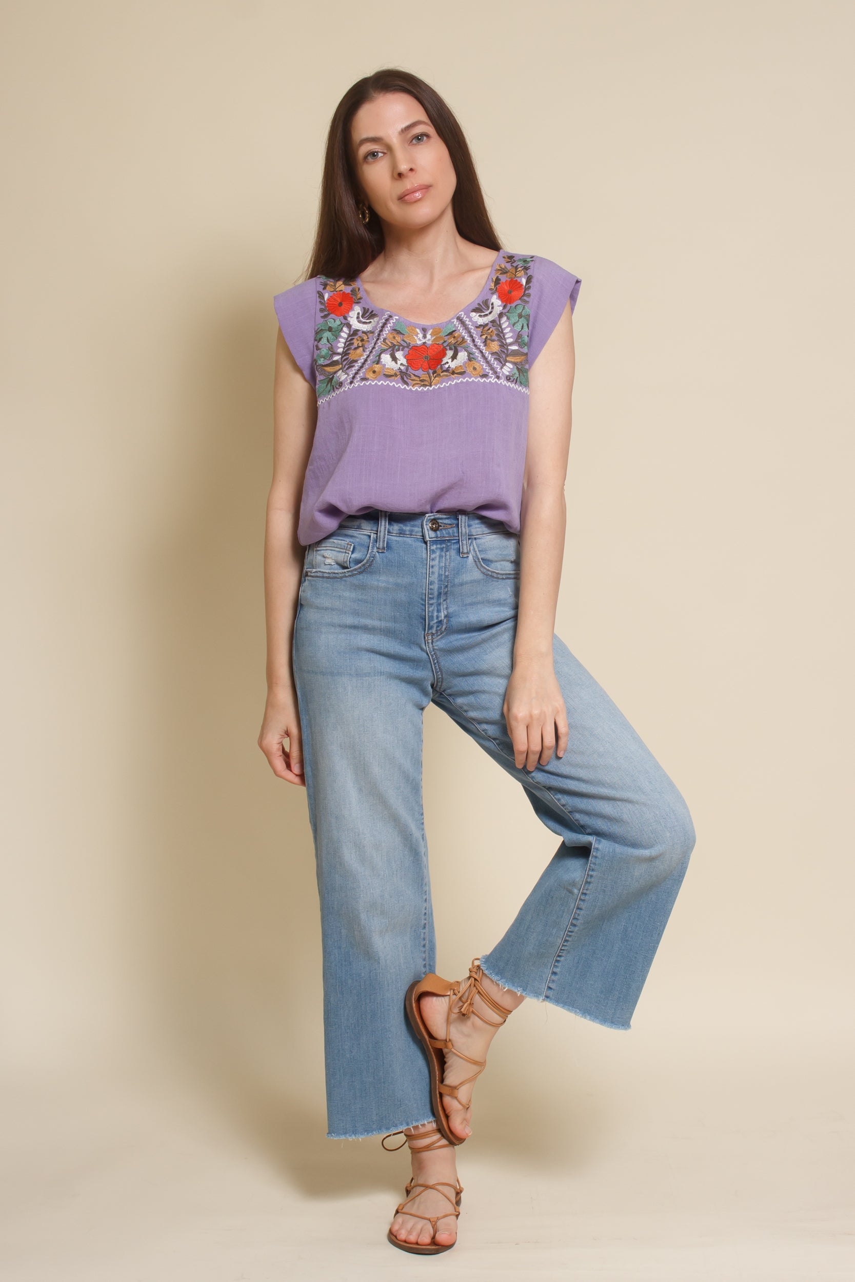 THML embroidered floral top, in lilac.