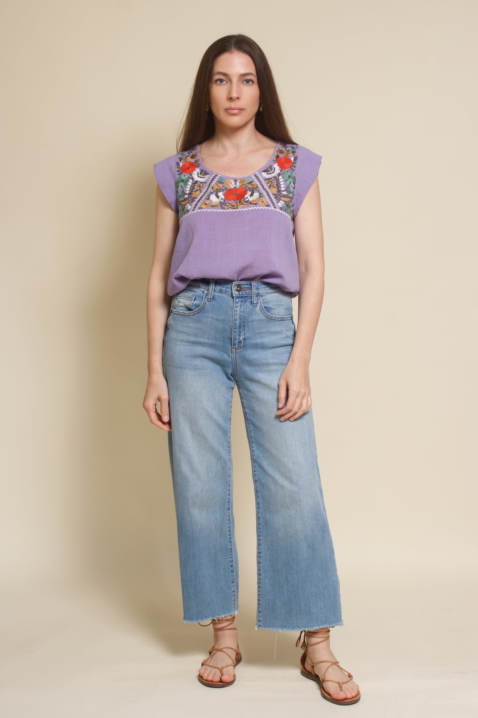 THML embroidered floral top, in lilac.