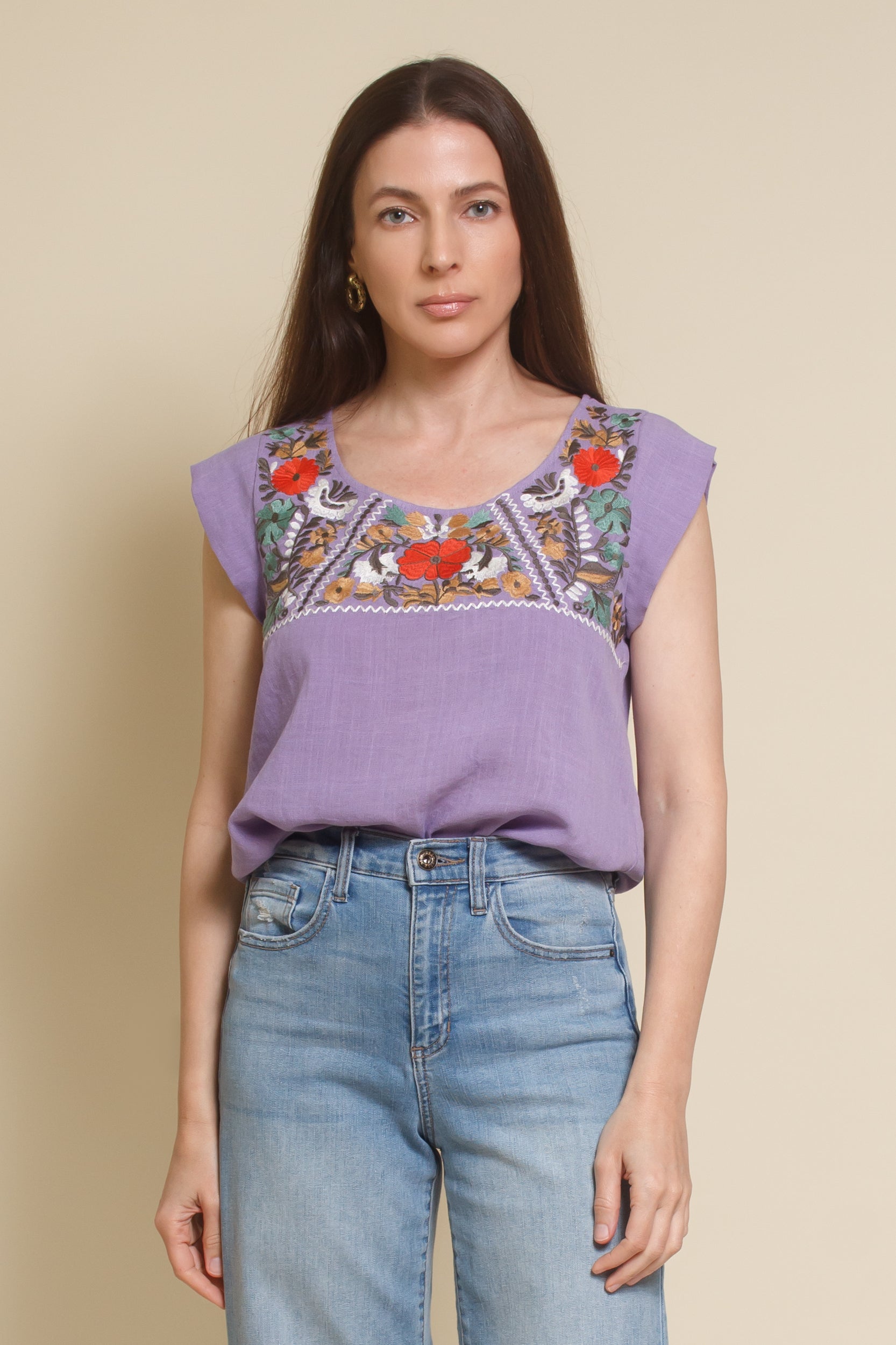 THML embroidered floral top, in lilac.