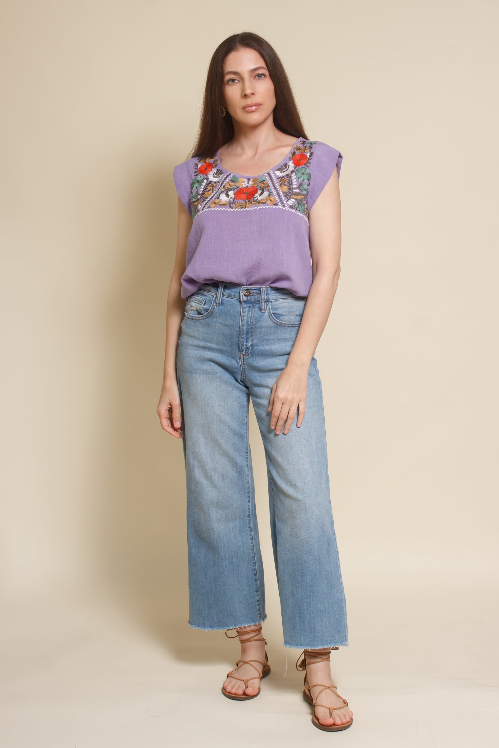 THML embroidered floral top, in lilac.