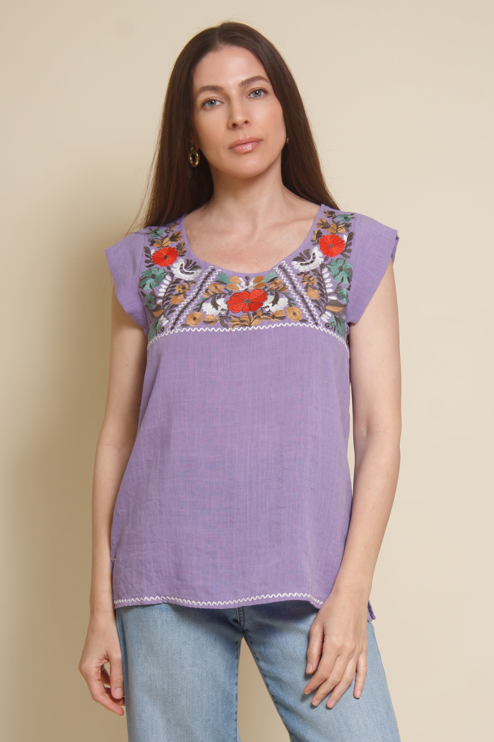 THML embroidered floral top, in lilac.