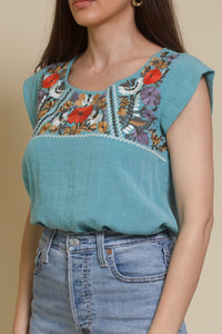 THML embroidered floral top, in teal.