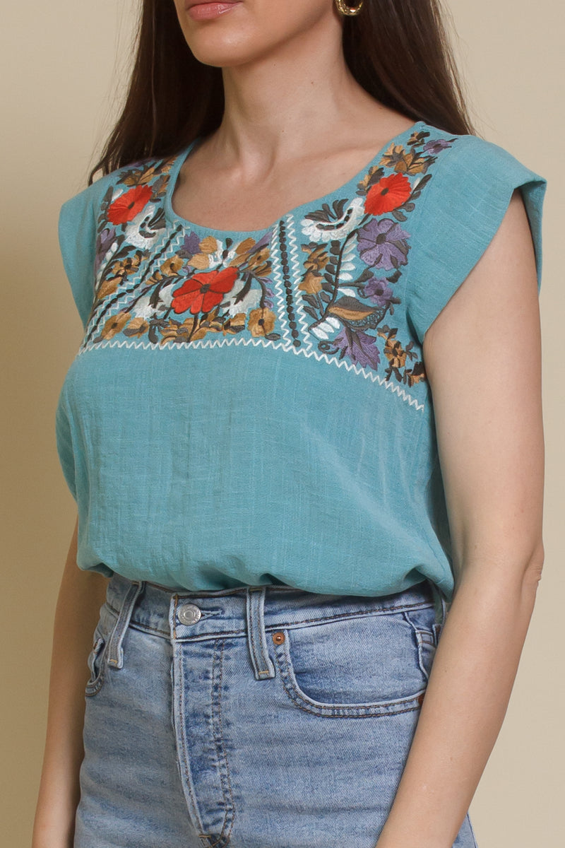 THML embroidered floral top, in teal.