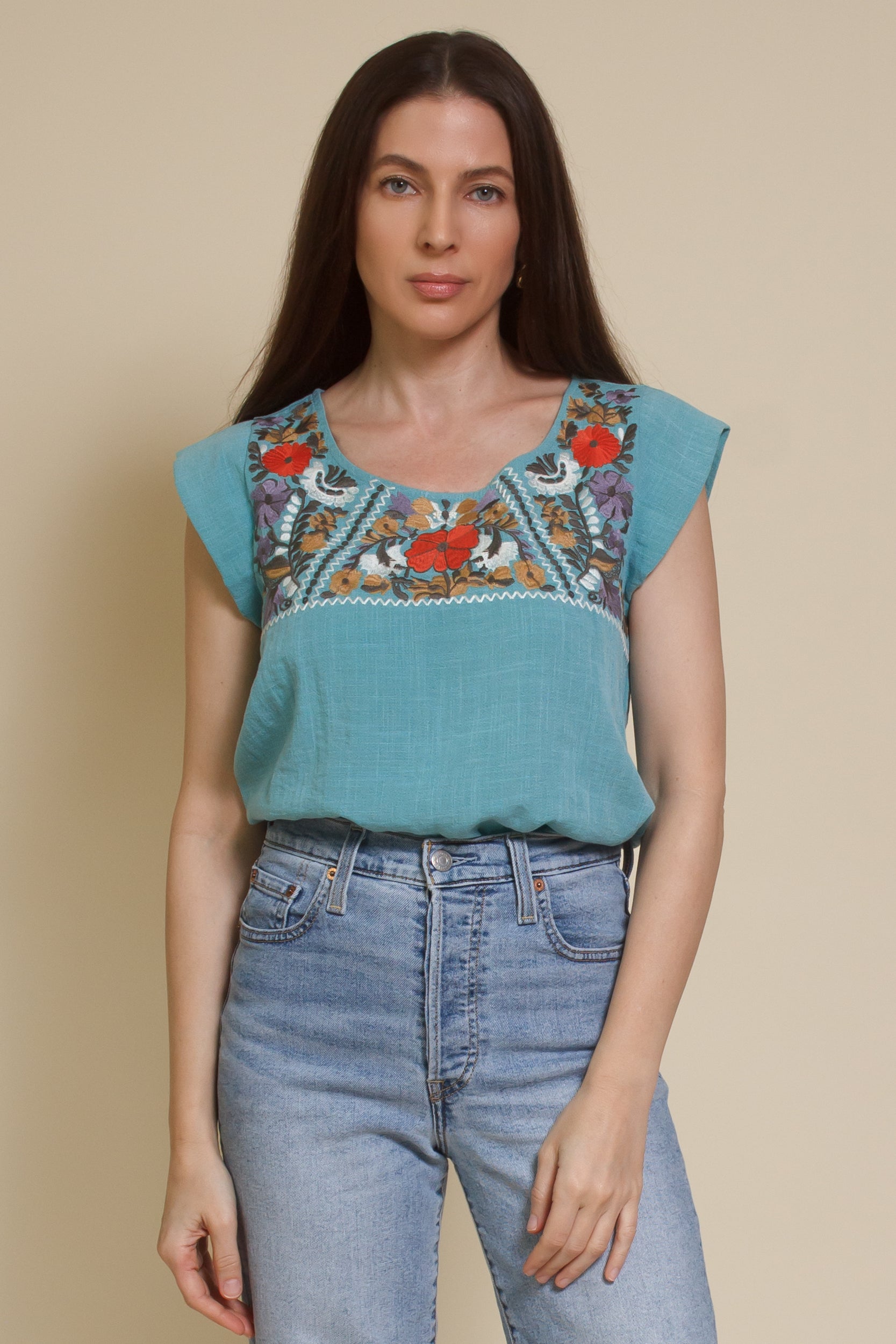 THML embroidered floral top, in teal.