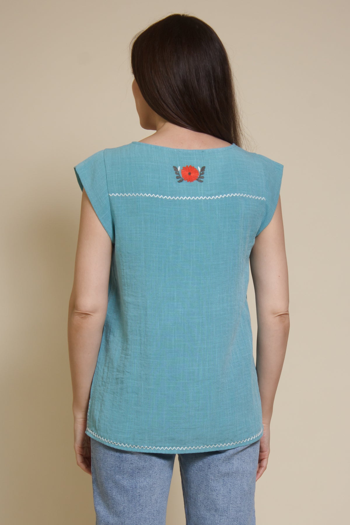 THML embroidered floral top, in teal.