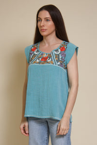 THML embroidered floral top, in teal.