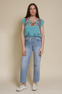 THML embroidered floral top, in teal.