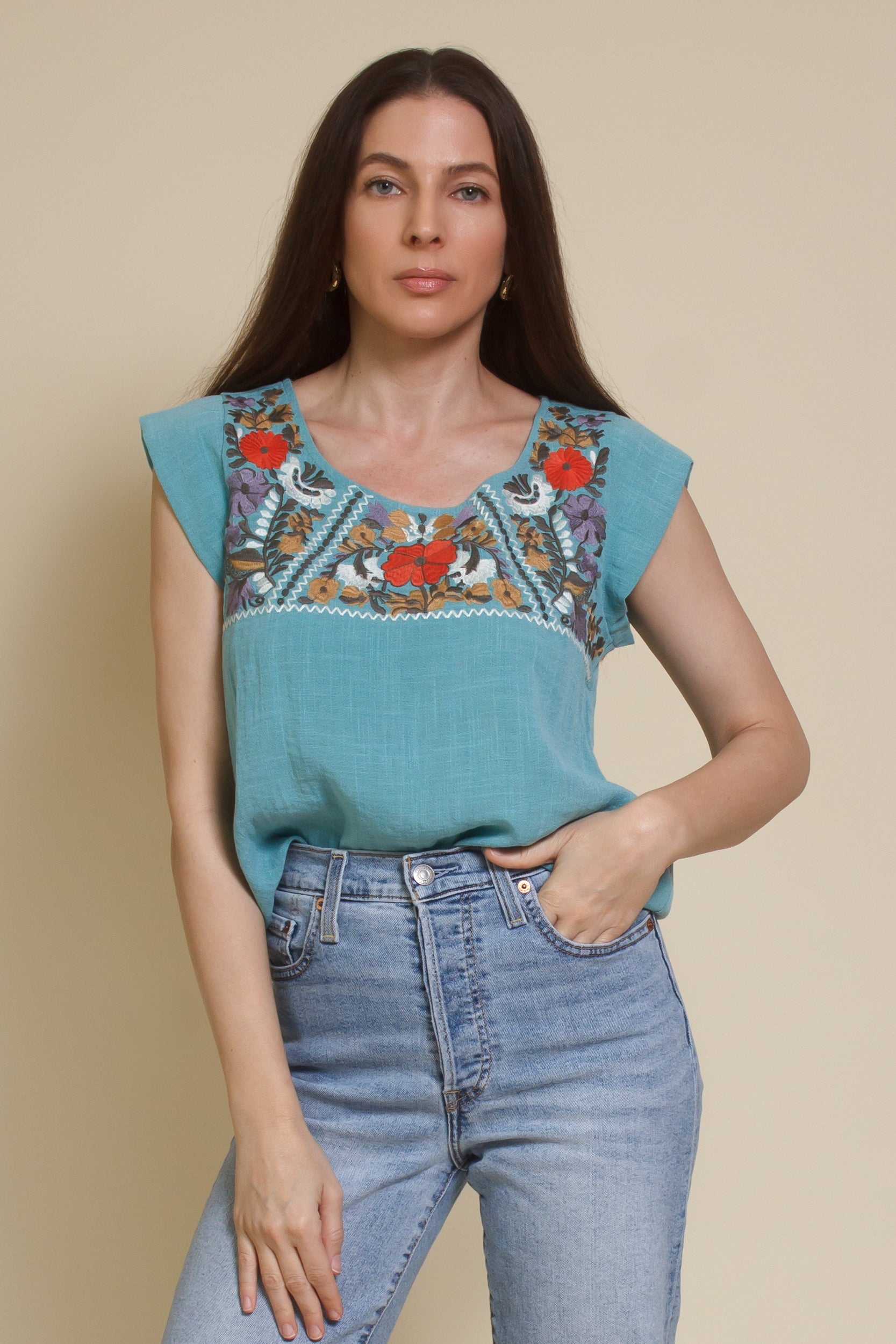 THML embroidered floral top, in teal.