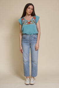 THML embroidered floral top, in teal.