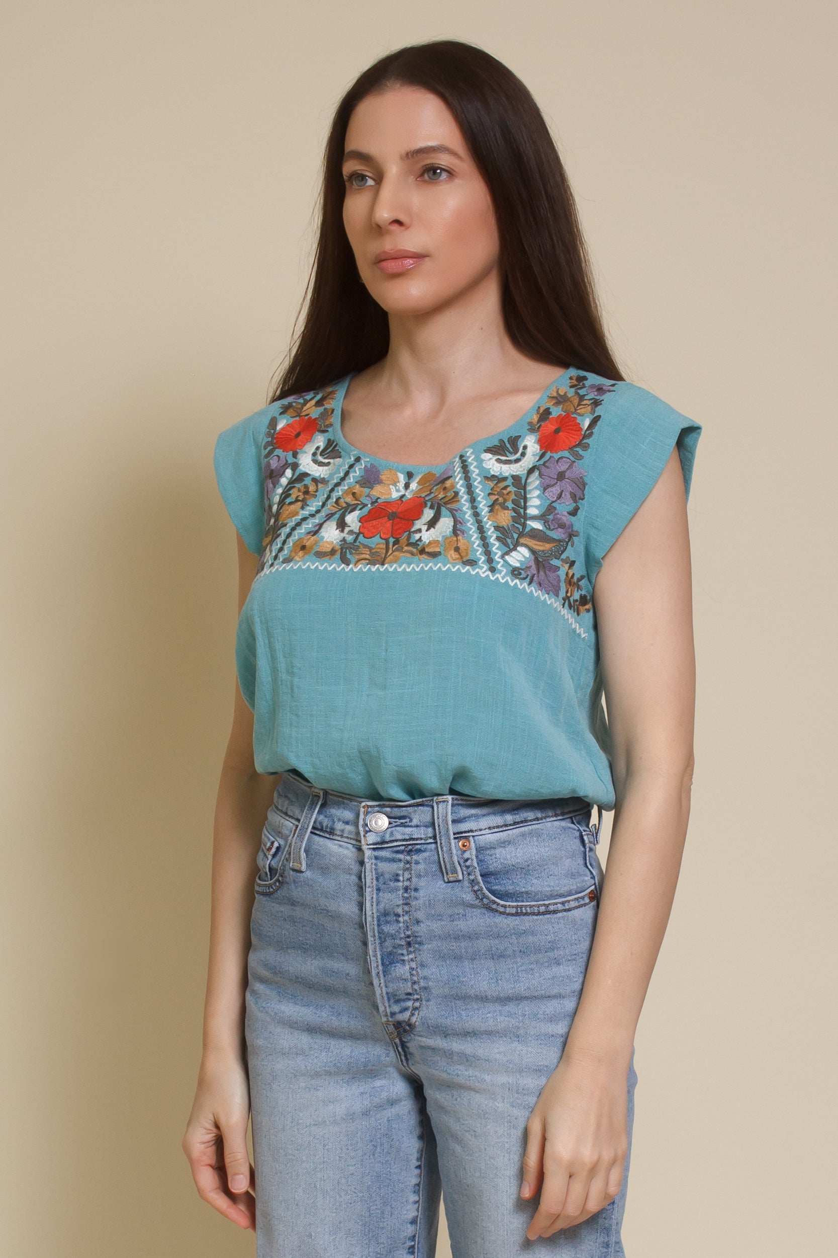 THML embroidered floral top, in teal.