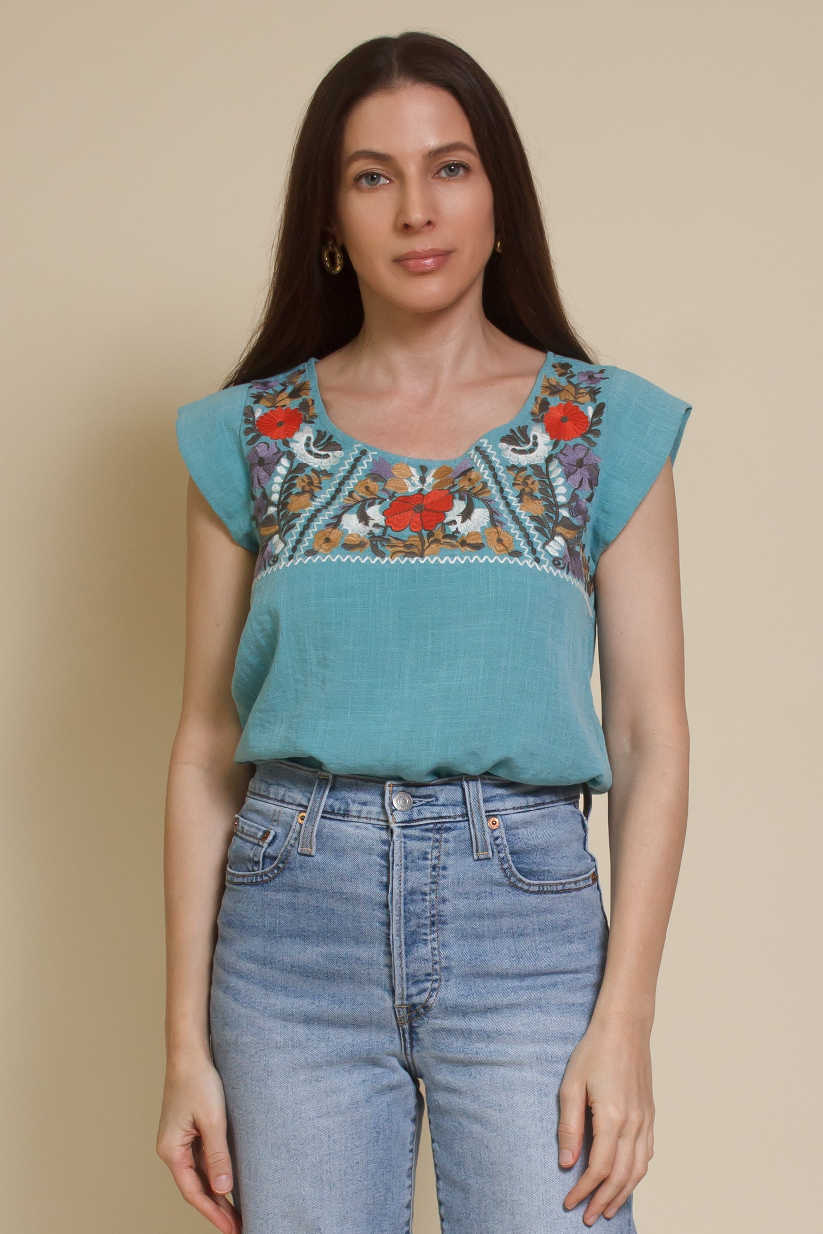 THML embroidered floral top, in teal.