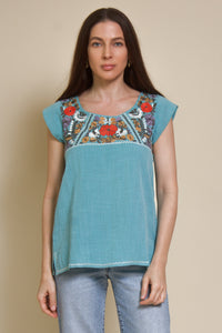 THML embroidered floral top, in teal.