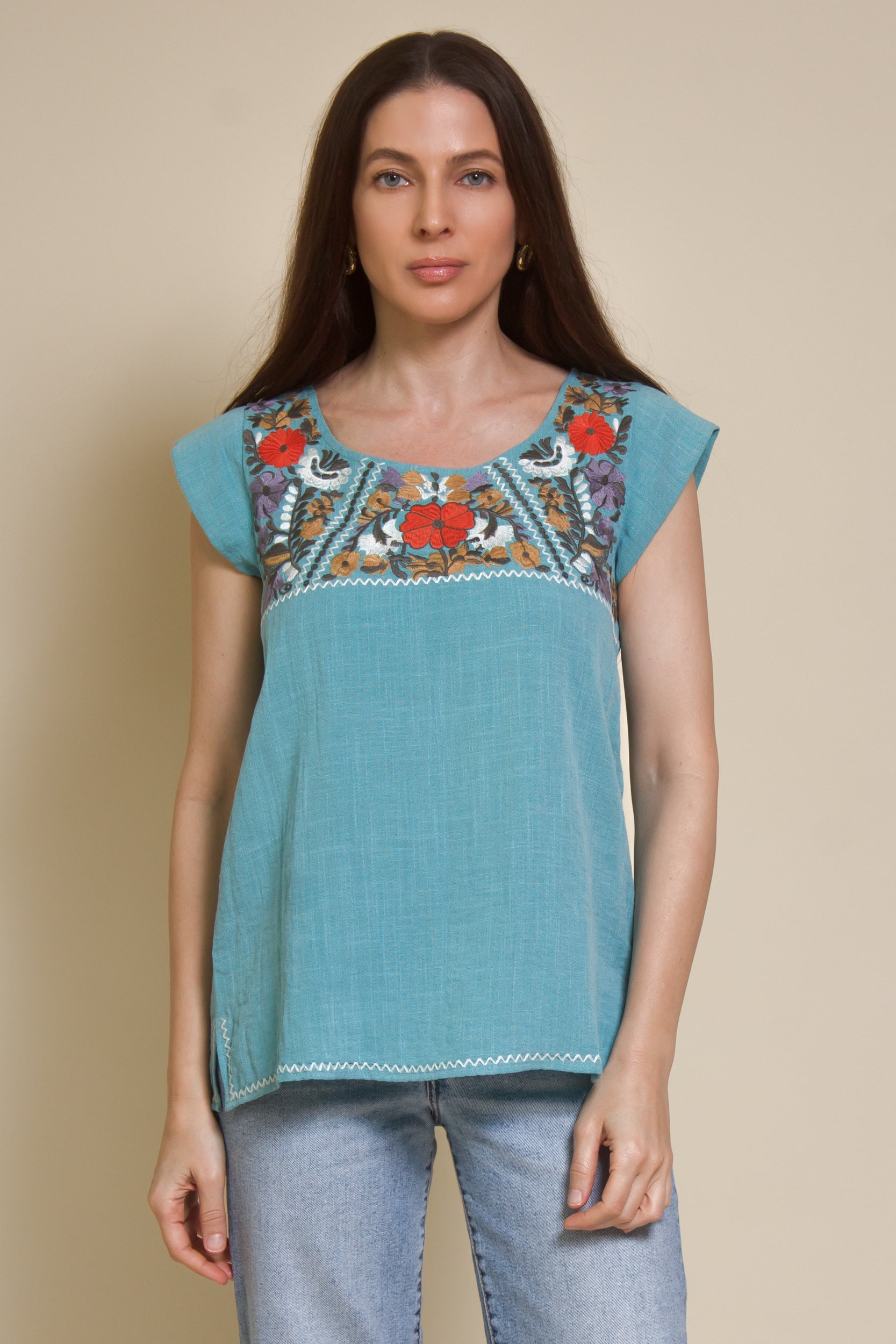 THML embroidered floral top, in teal.