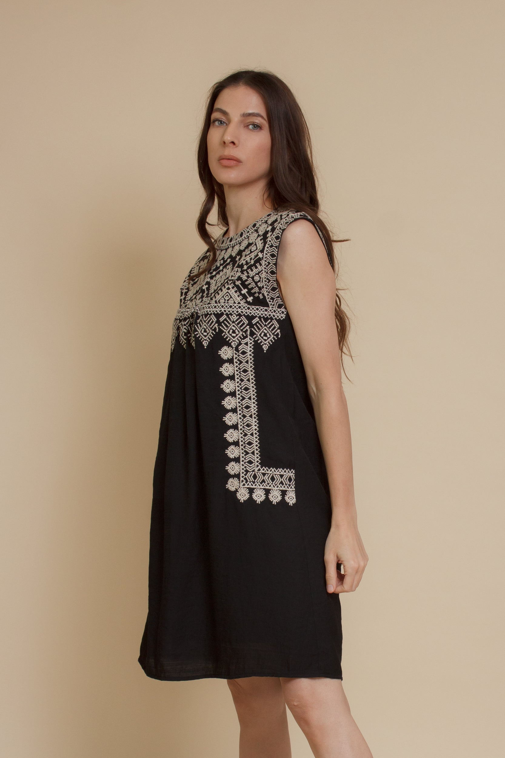 THML embroidered shift dress, in black.