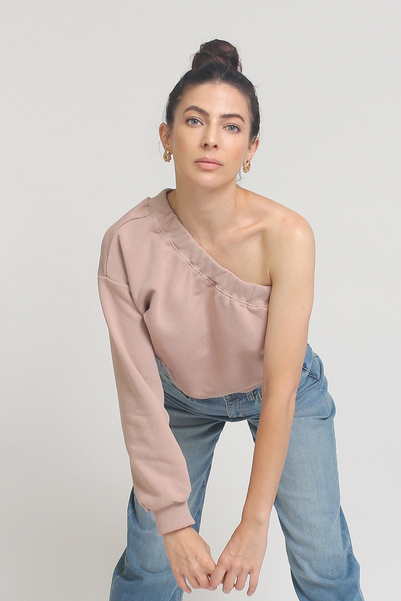 One shoulder cropped sweatshirt, in Taupe. 