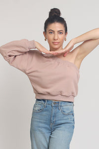 One shoulder cropped sweatshirt, in Taupe. 