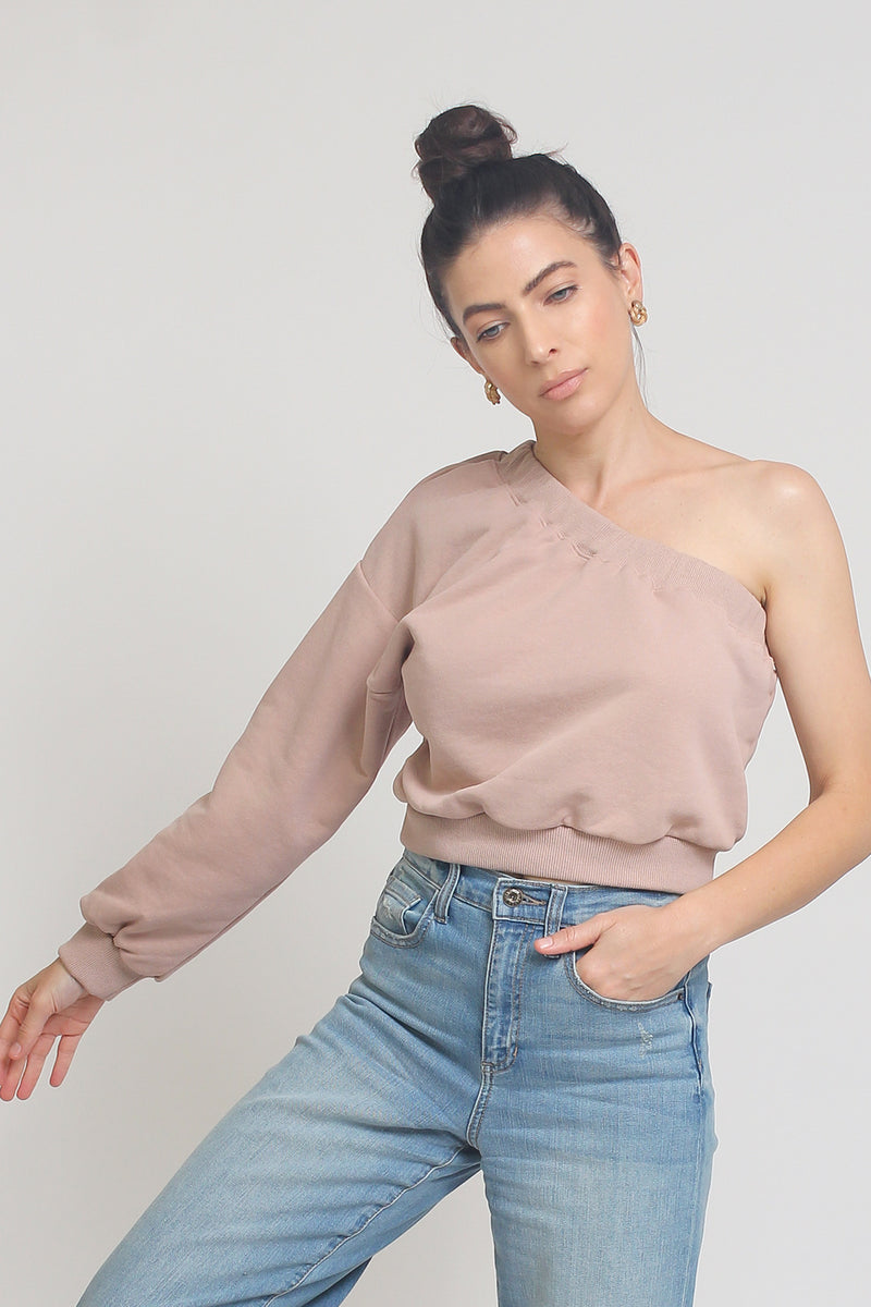 One shoulder cropped sweatshirt, in Taupe. 