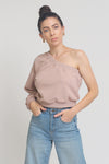 One shoulder cropped sweatshirt, in Taupe. 