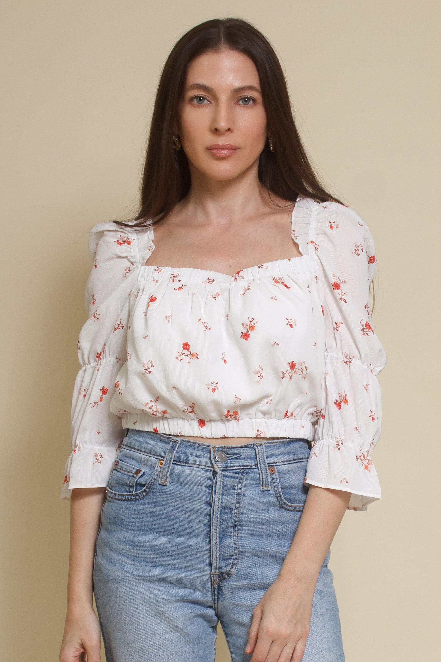 Wild Honey floral peasant top, in white.