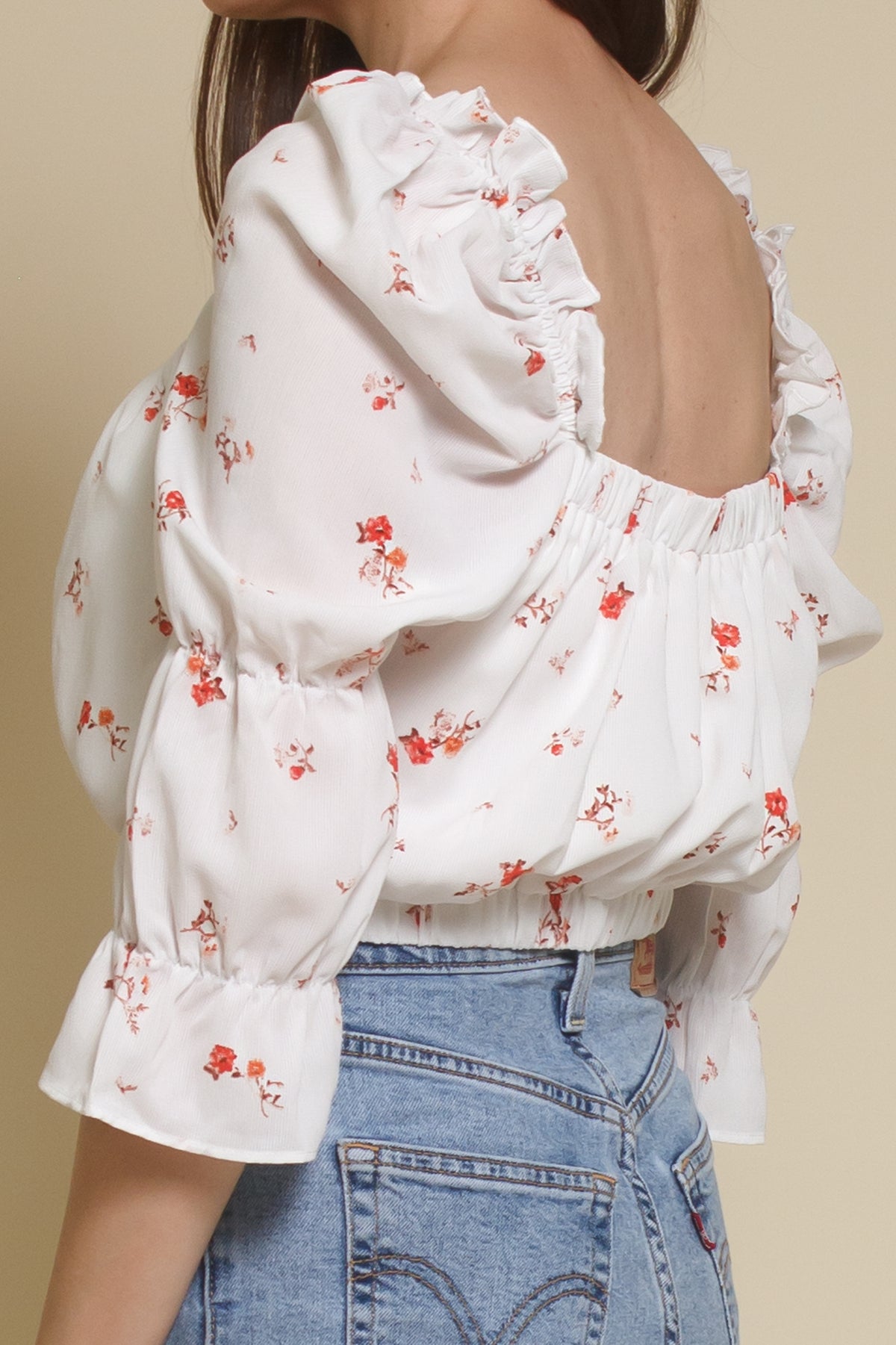 Wild Honey floral peasant top, in white.