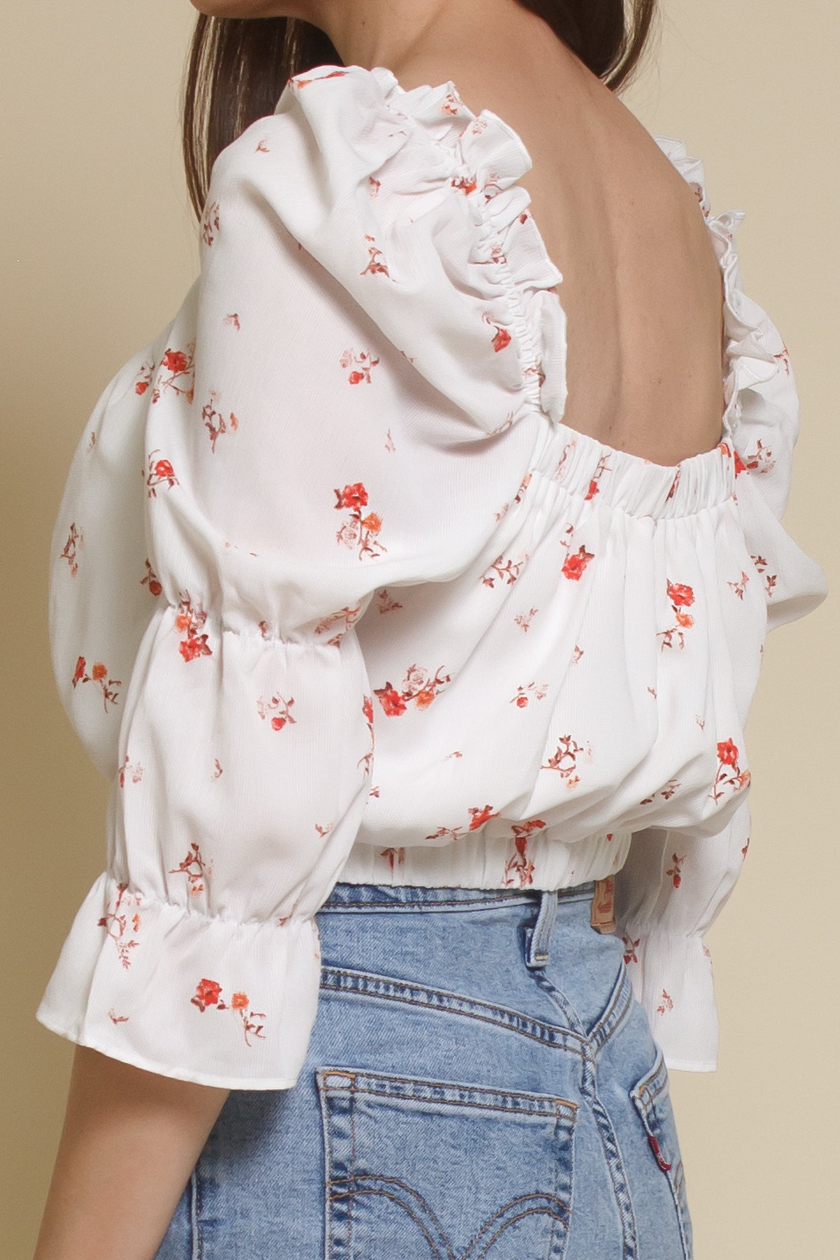Wild Honey floral peasant top, in white.