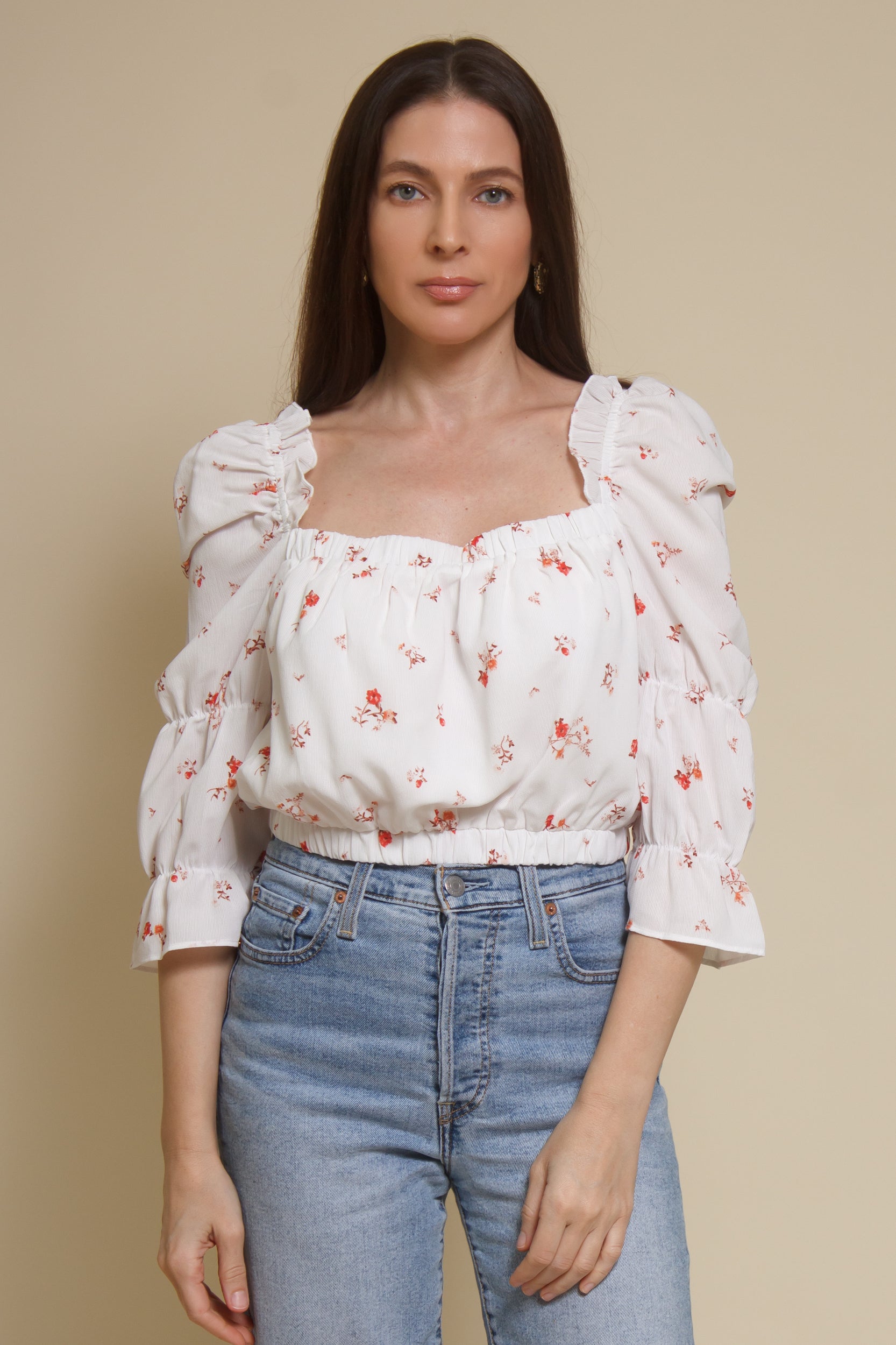 Wild Honey floral peasant top, in white.