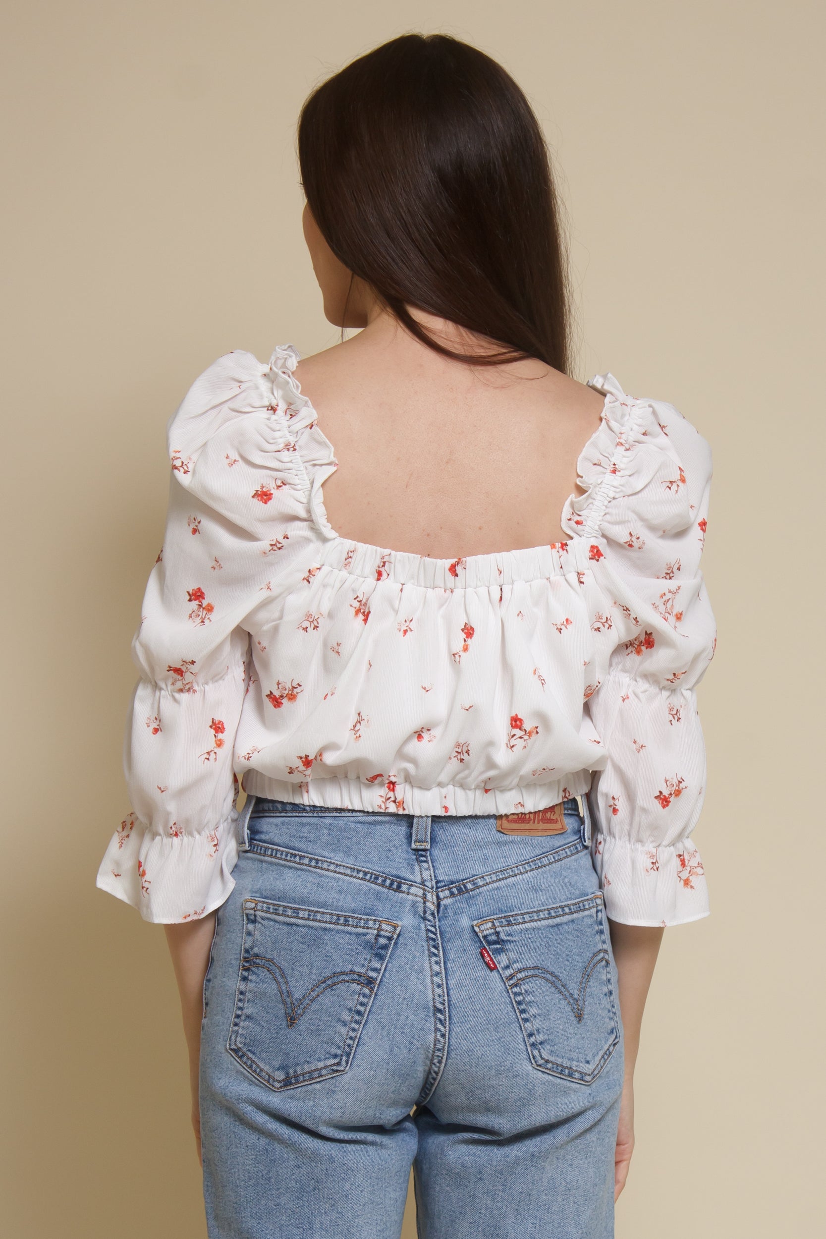 Wild Honey floral peasant top, in white.