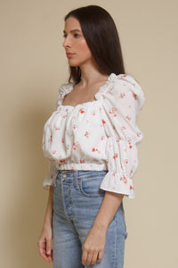 Wild Honey floral peasant top, in white.