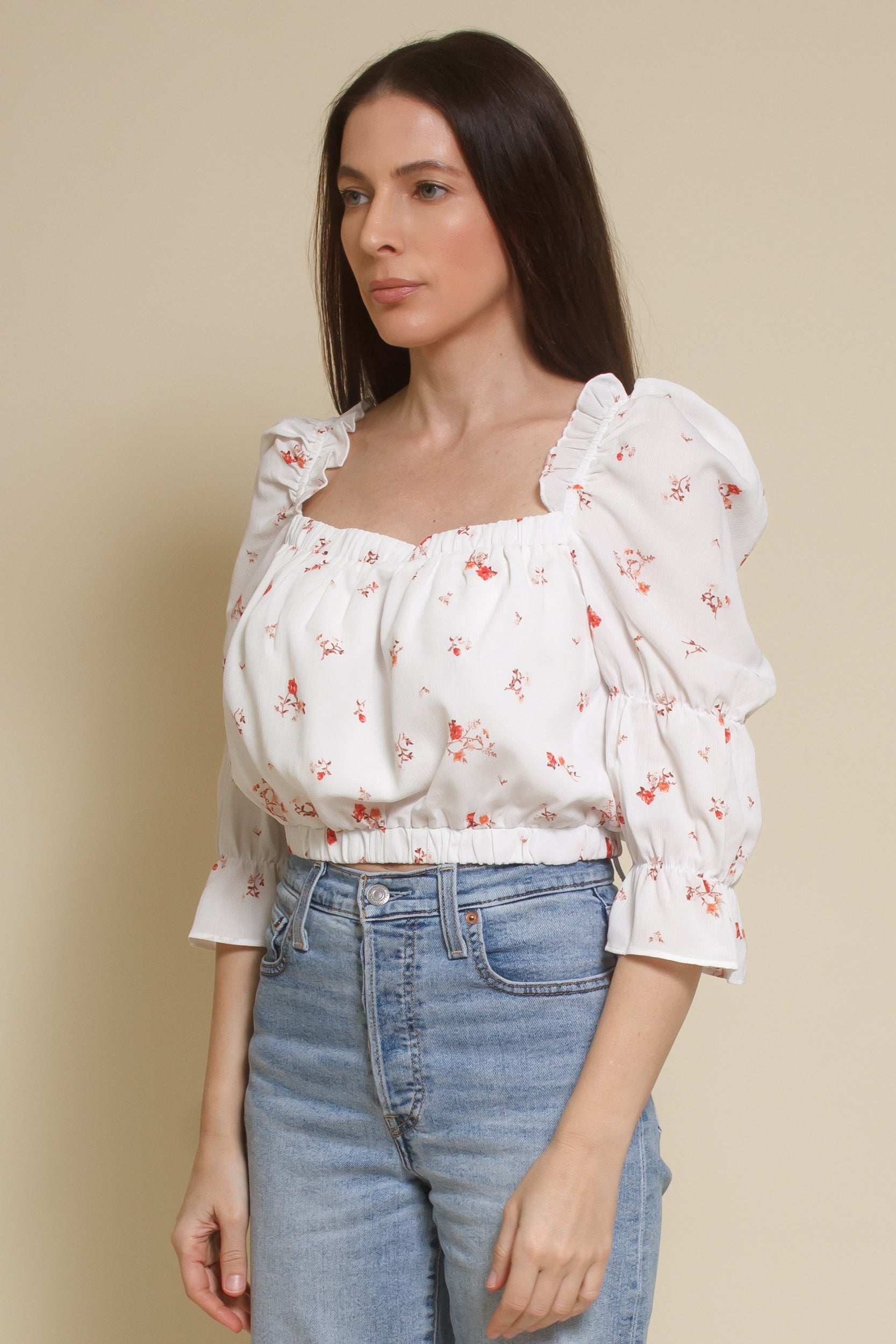 Wild Honey floral peasant top, in white.