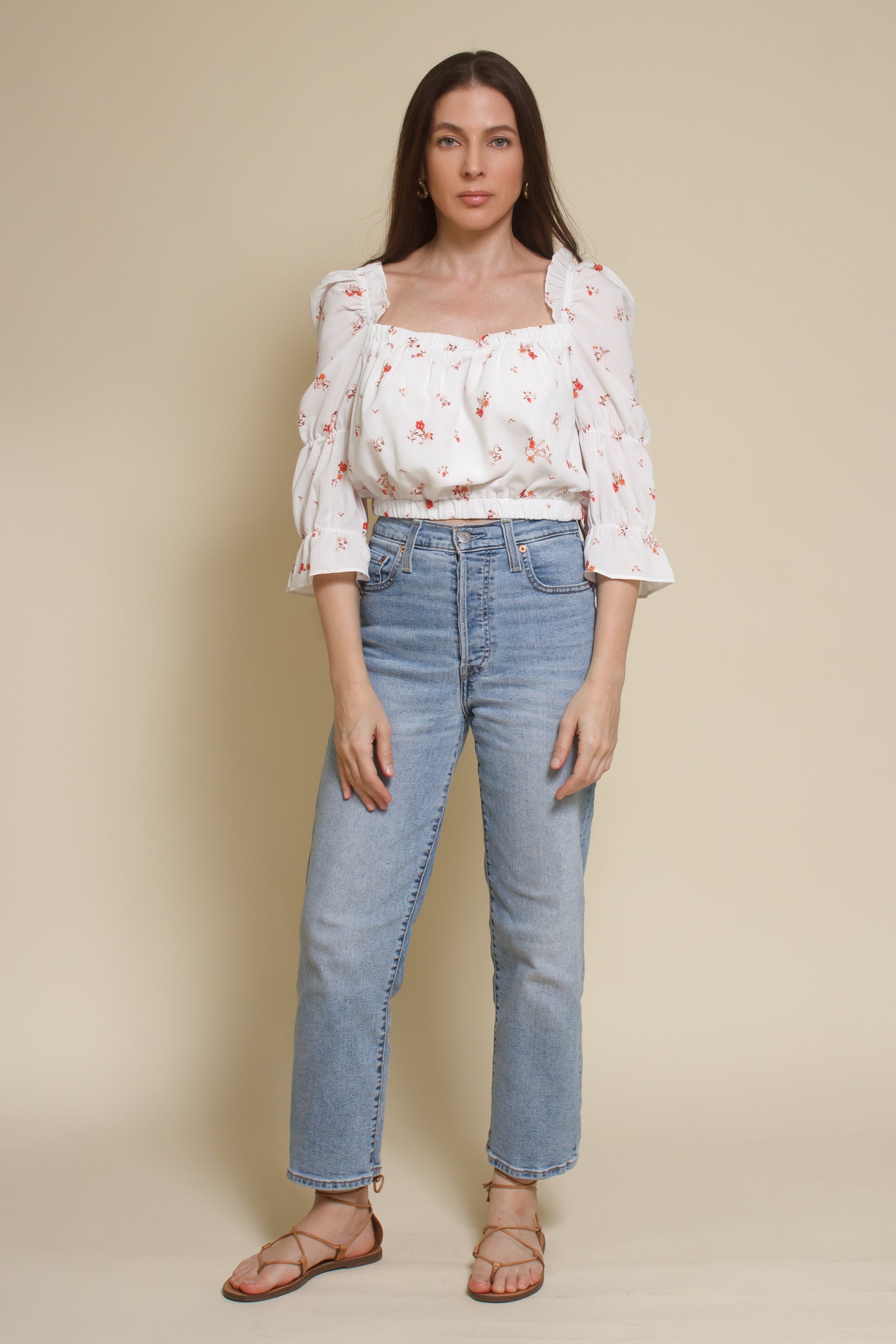 Wild Honey floral peasant top, in white.